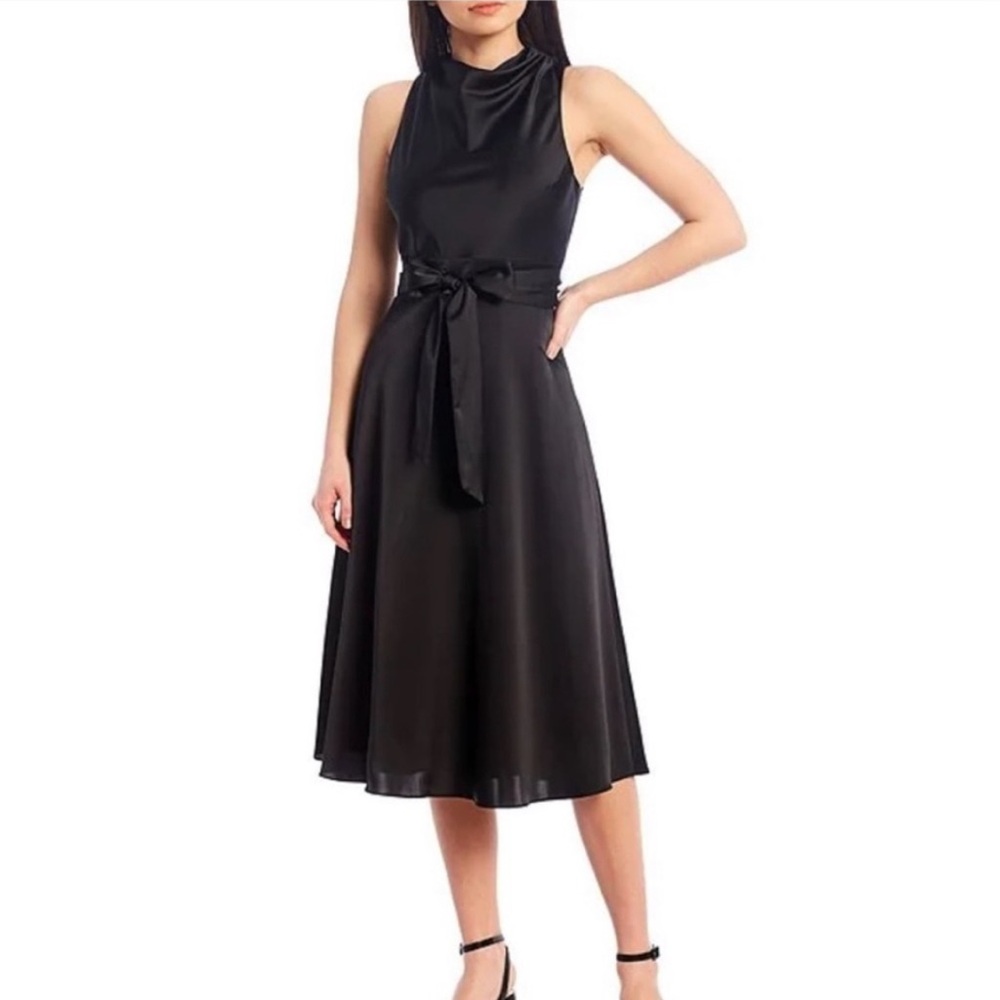 Antonio Melani‎ Kinnon Drape Neck Satin A Line Midi Dress Black Sz 4